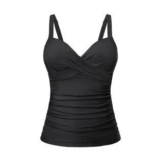 Tummy Control Ruched Side Push-Up Tankini Top Black  S